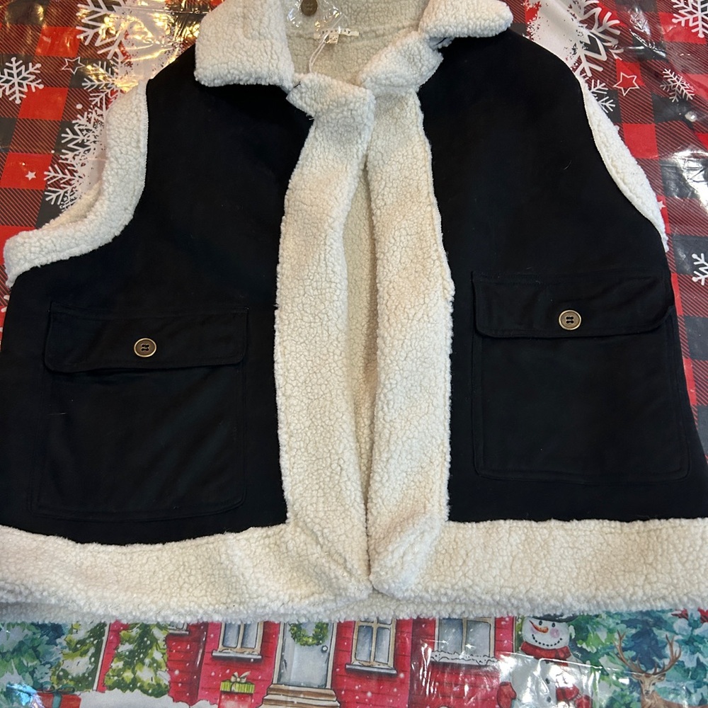Black and Cream suede Sherpa Vest